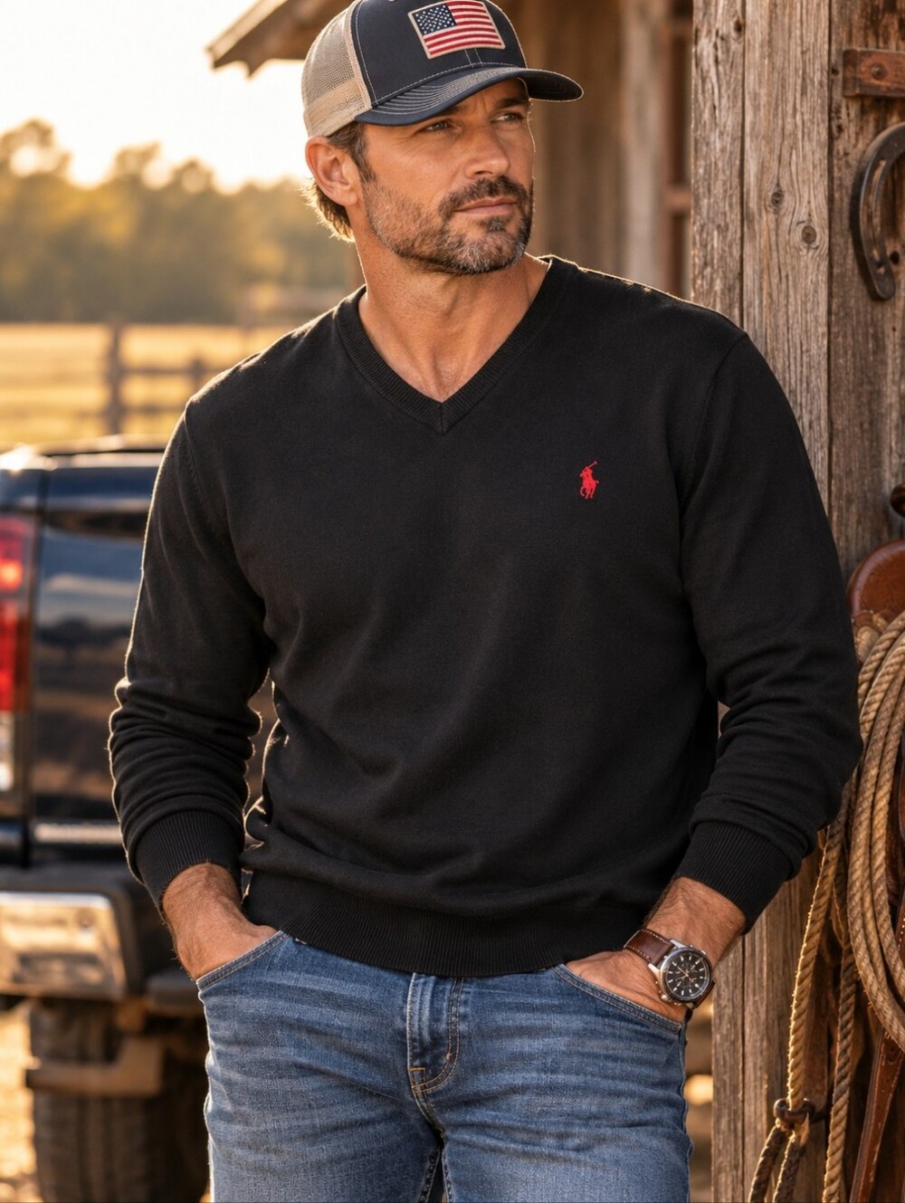 Polo Ralph Lauren XXL Black Pima Cotton V-Neck Sweater Red Pony Men's